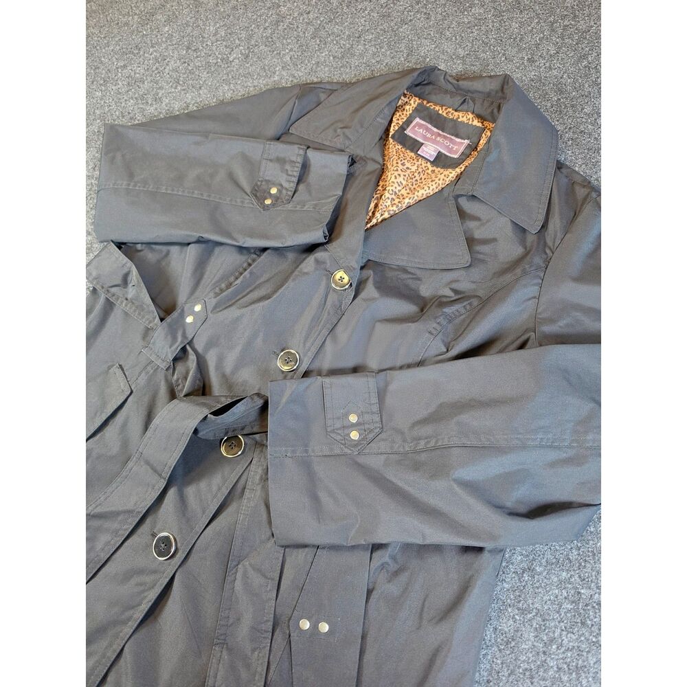 Laura Scott Trench Coat Women's XL Black Belted Leopard Lined Rain Jacket